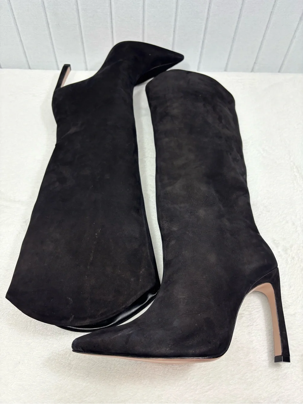 SCHUTZ Black Suede MARYANA SCULPT LEATHER BOOT Pointed Stiletto Boots Size 9B